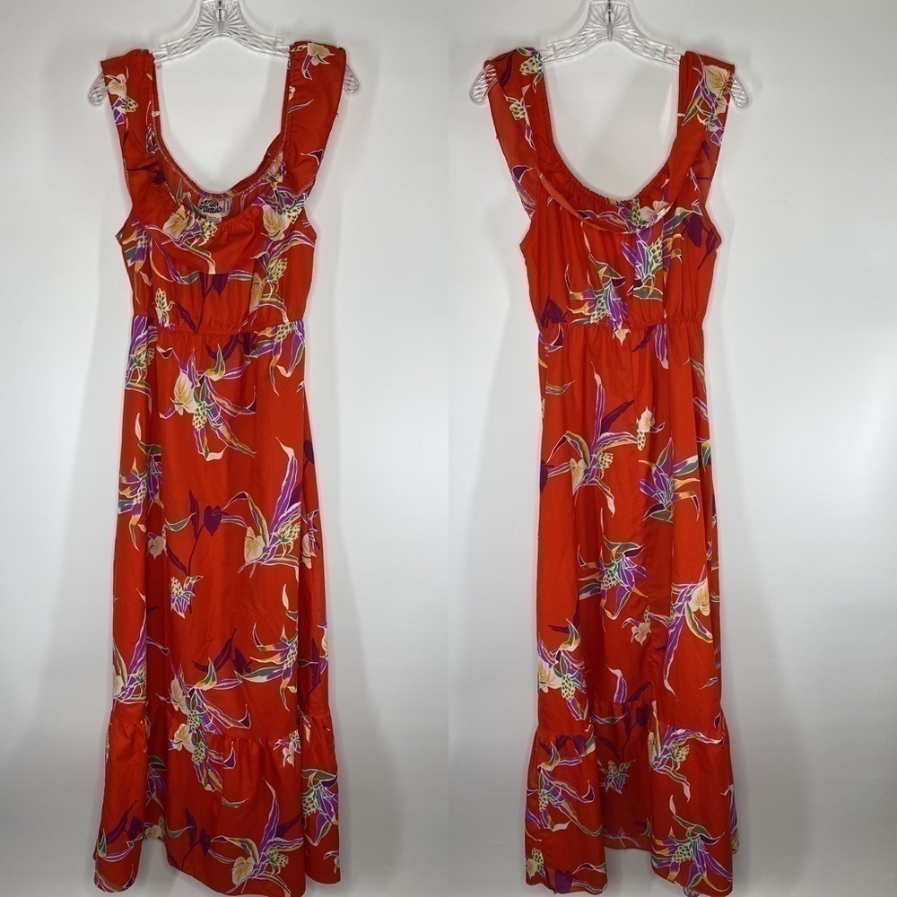 Vintage Hilo Hattie Red Ruffle Hawaiian Maxi Dress Size Small #658
